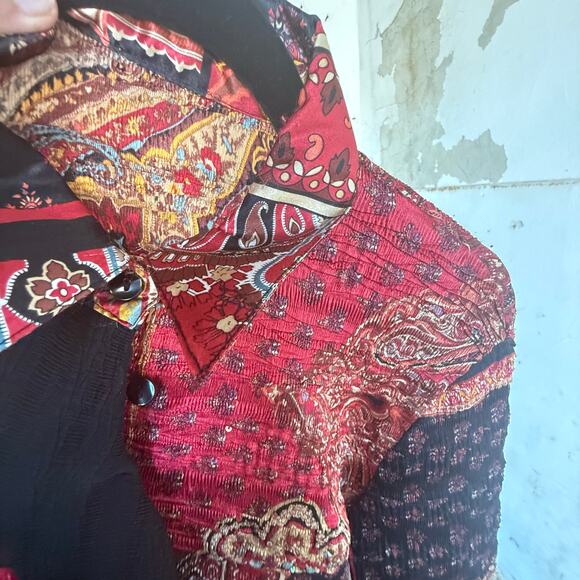 Vintage Ruffle Blouse Patchwork Crinkle Chiffon Ornate Baroque Glam Maximalist - Picture 6 of 6